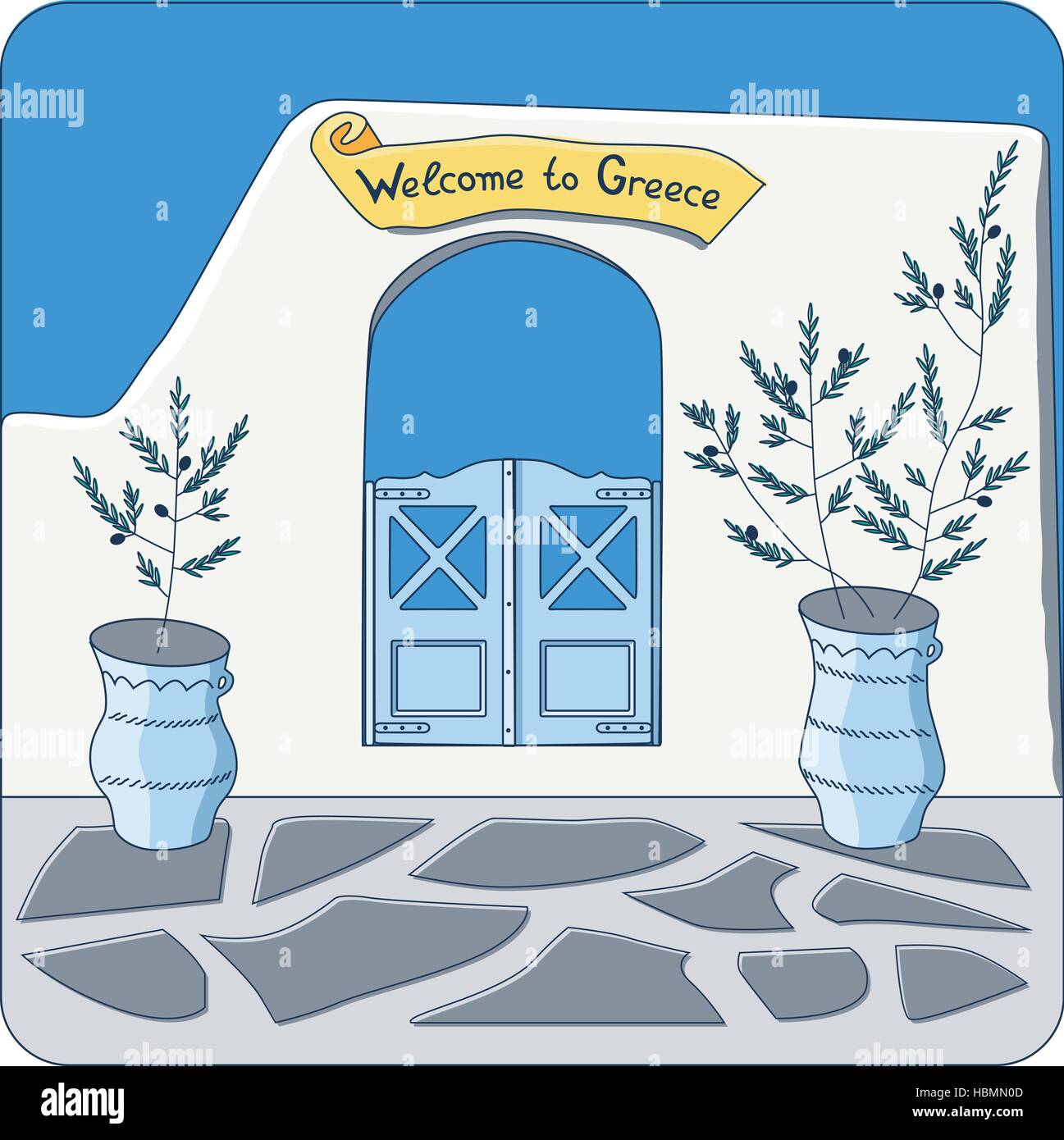 Blauen Tor in der Mauer mit "Willkommen in Griechenland" Einladung und Olivenbäumen in den Töpfen-Vektor-illustration Stock Vektor