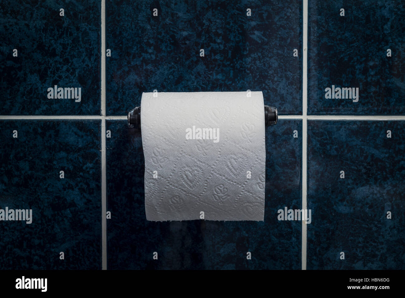 WC-Papierrolle auf einer Halterung an blau gekachelte Wand Stockfoto