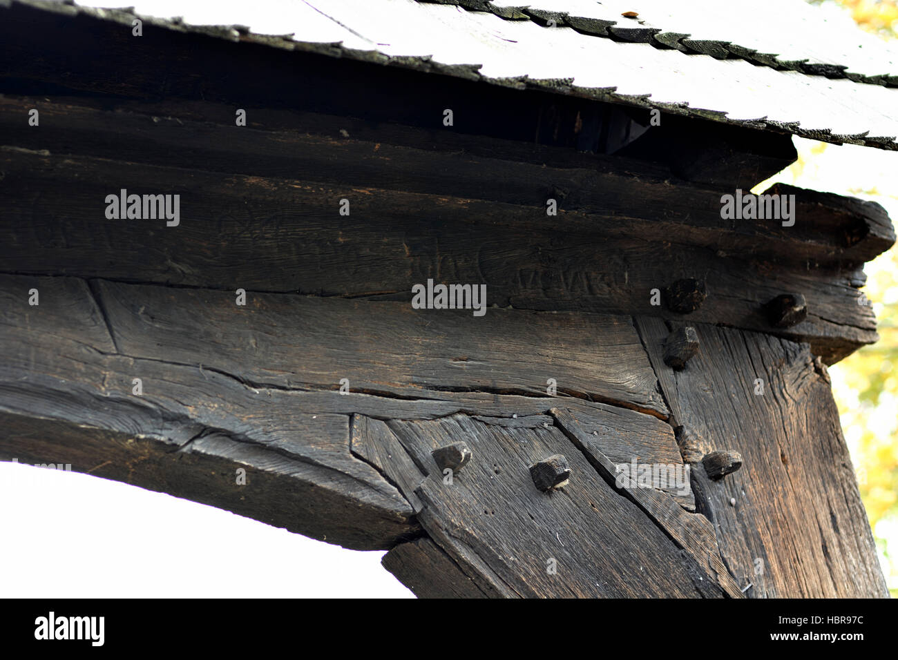 alte Tür mit Eichenholz, schöne Holzarbeiten graviert mit einer Inschrift in lateinischer Sprache "hier Walross Eris Porta Coeli" d. h. O, Tod - Sie werden Stockfoto