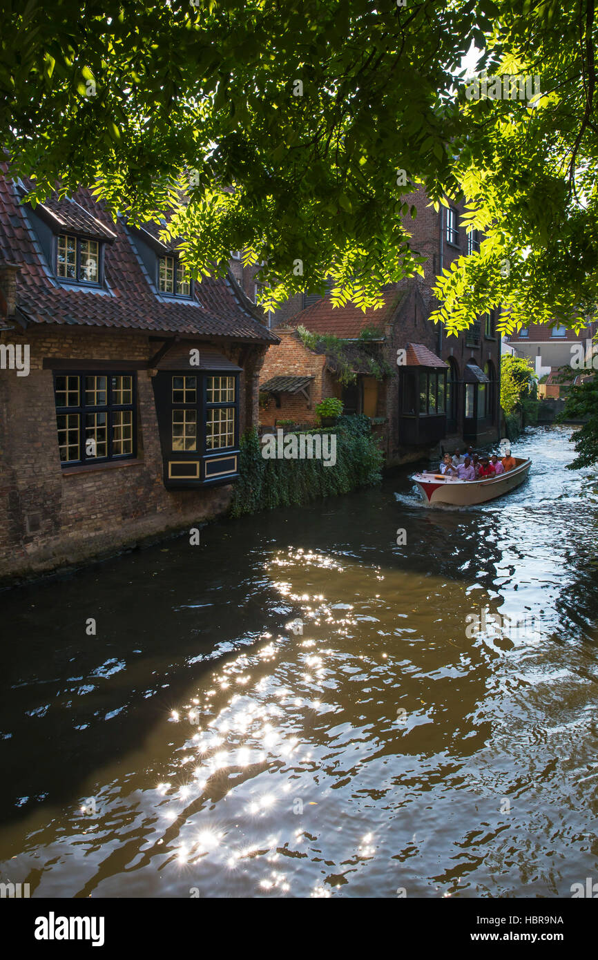 Touristenboot auf Kanal, Brügge, Belgien, Europa, Stockfoto