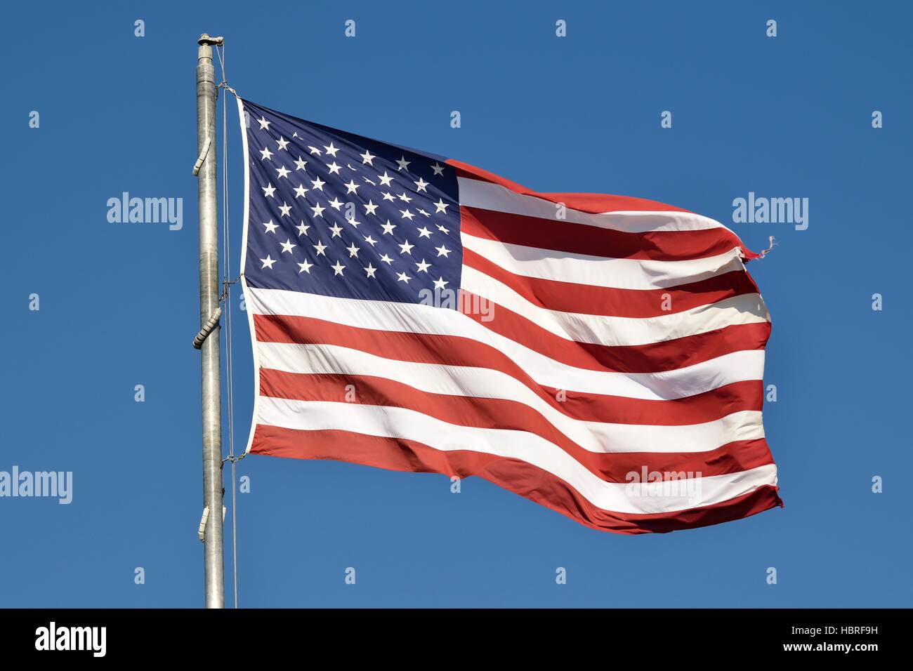 Flagge der Vereinigten Staaten von Amerika fliegen hoch in den Himmel bei Sonnenuntergang Strand in Florida. Stockfoto