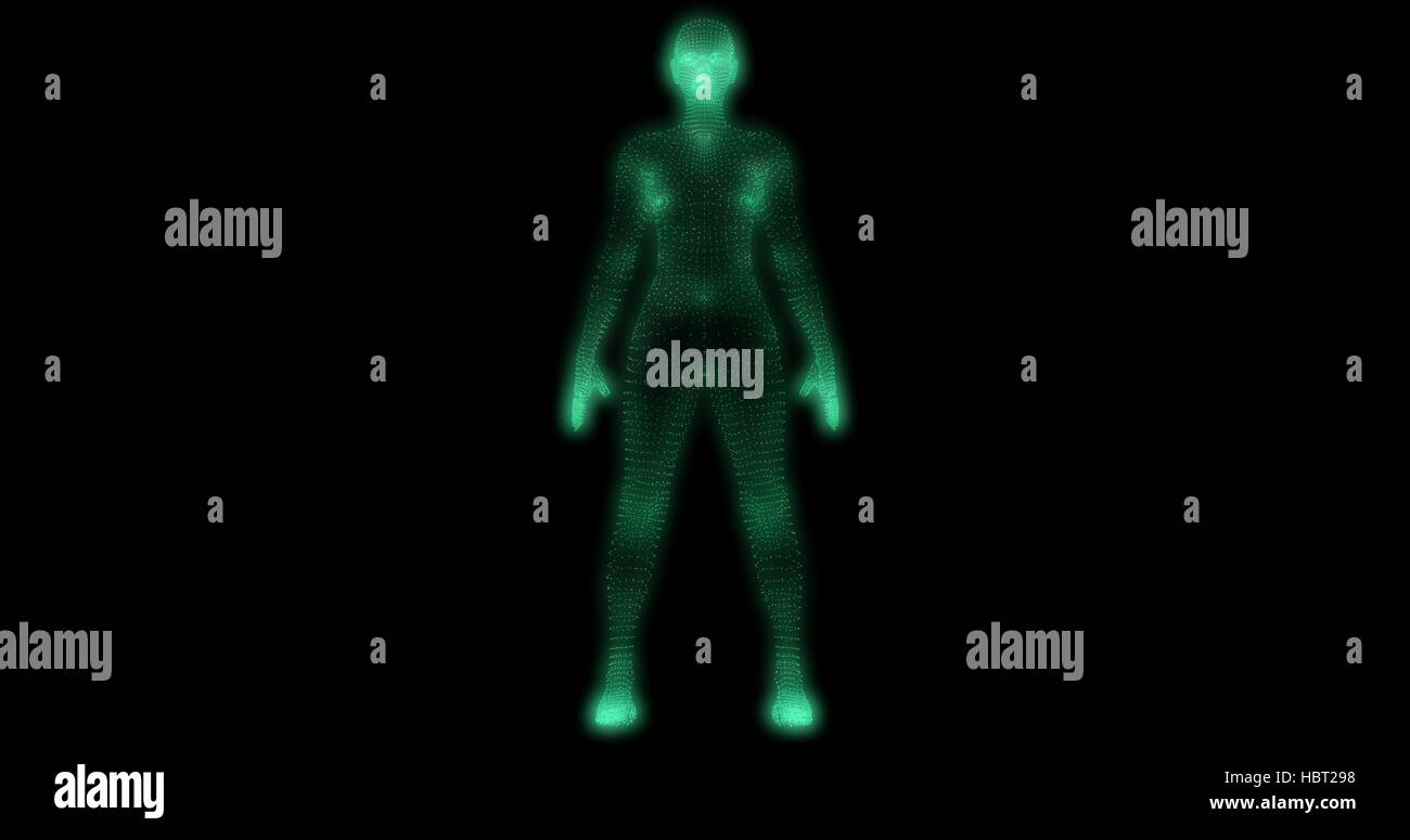 Der Körper der Frau durch glühende grüne Partikel und Würfel gebildet. 3D render Stockfoto