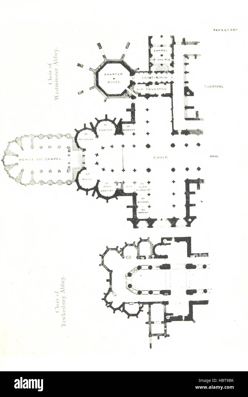 Auf dieser Seite wird die Tewkesbury Abbey in Gloucestershire, England, vorgestellt, die Architektur, Geschichte, religiöse Funktionen, Innenansicht und Außenansicht, strukturelle Details, Grundrisse, kulturelle Bedeutung, bemerkenswerte Ereignisse, Konservierung und Illustrationen. Stockfoto