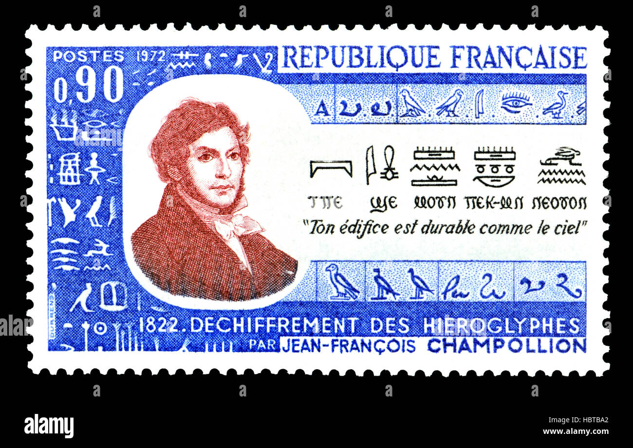 Französische Briefmarke (1972): Jean-François Champollion (Champollion le Jeune:1790 – 1832) französischer Gelehrter, Philologe und Orientalist, Decipherer von Stockfoto