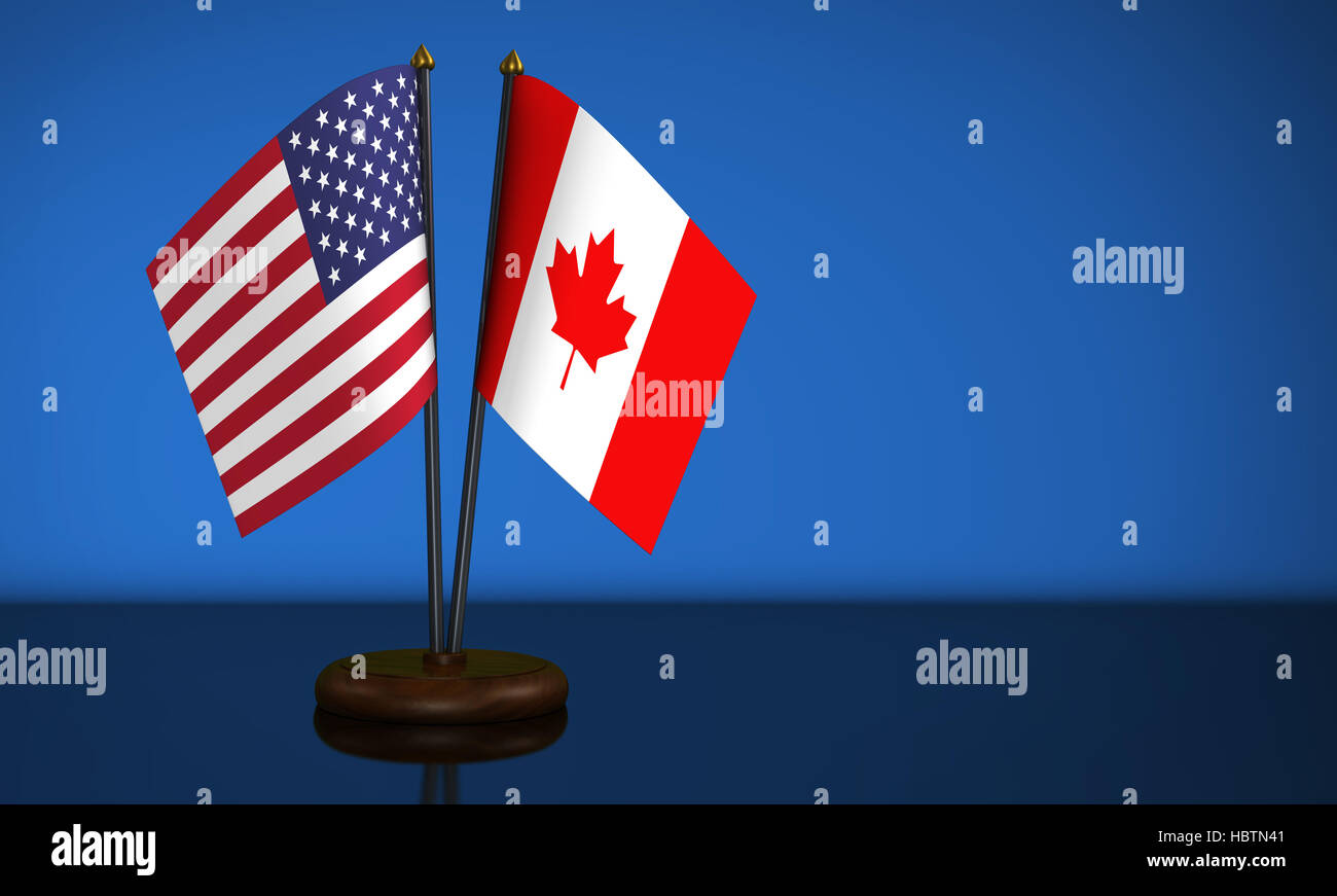 USA-Flagge und kanadischen Schreibtisch Fahnen 3D Illustration. Stockfoto