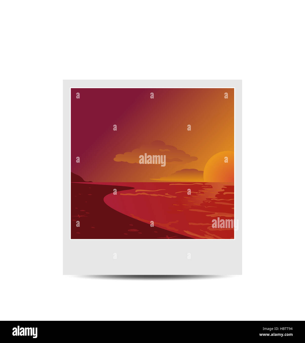 PhotoFrame mit Sonnenuntergang Strand Hintergrund Stockfoto