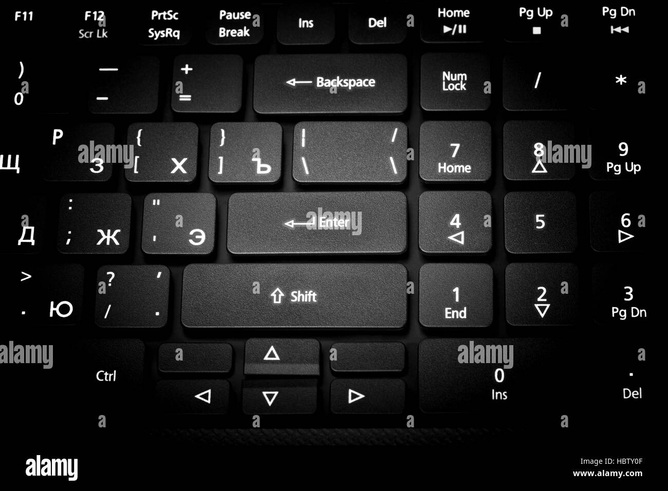 Elektronische Sammlung - close-up Laptop-Tastatur mit russischen Buchstaben. Der Fokus auf die Enter-Taste. Stockfoto