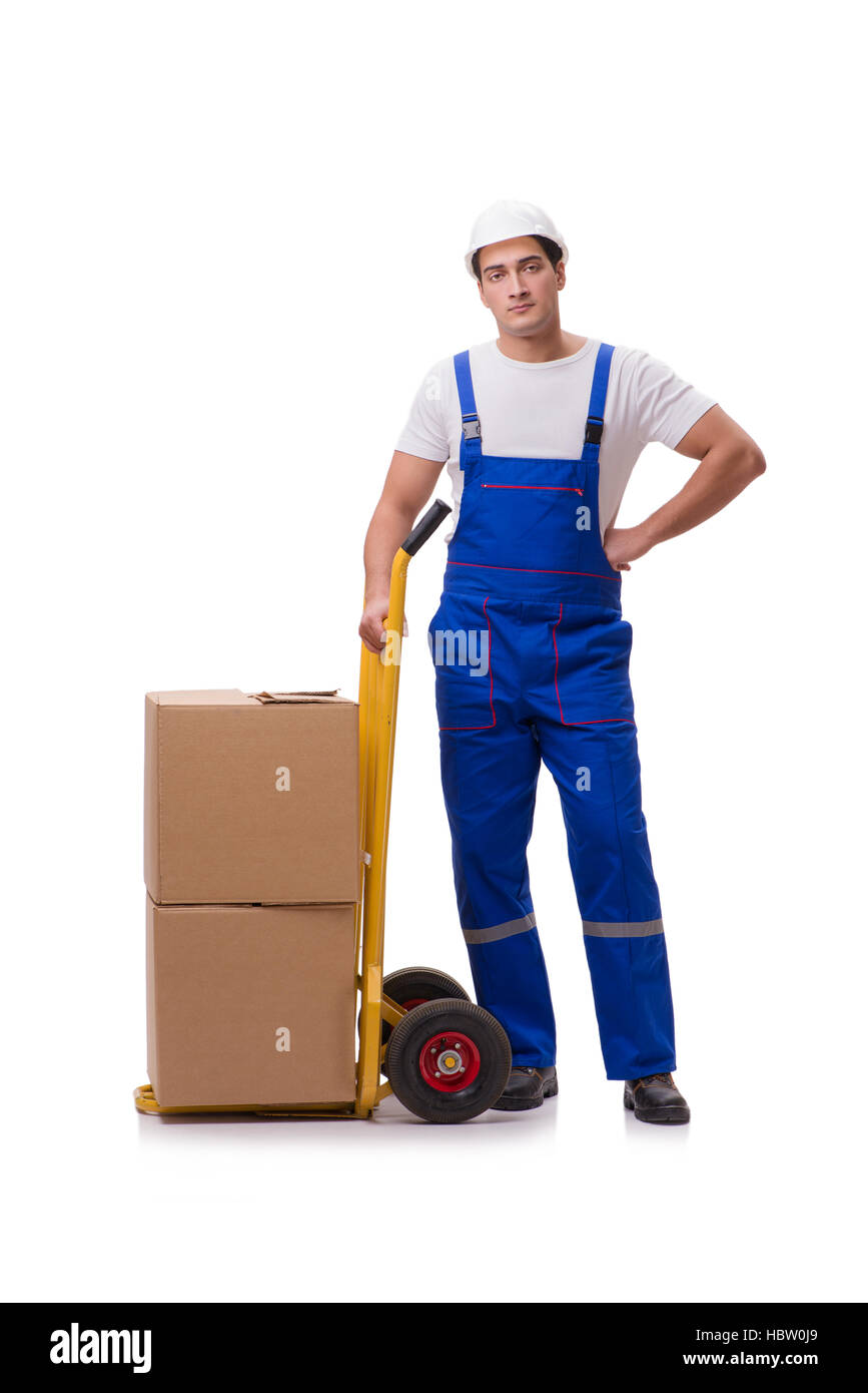 Mann mit Boxen isoliert auf weiss Stockfoto