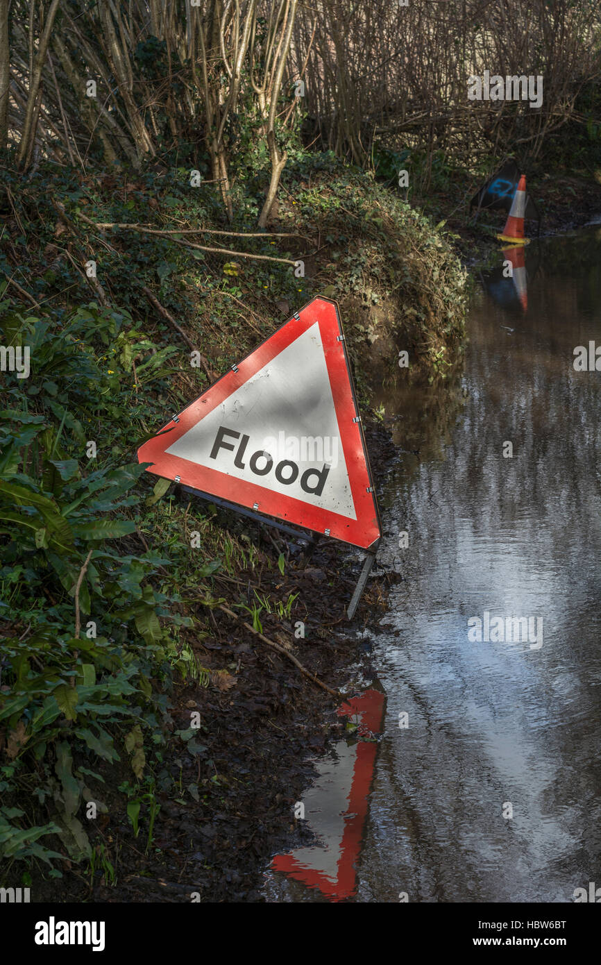 Überflutete Landstraße in der Nähe der Stadt Lostwithiel im mittleren Cornwall. Metapher für Hochwasseralarm, hochwassergefährdete Gebiete. Wasserhandelsmarkt, Wasser als Rohstoff. Stockfoto