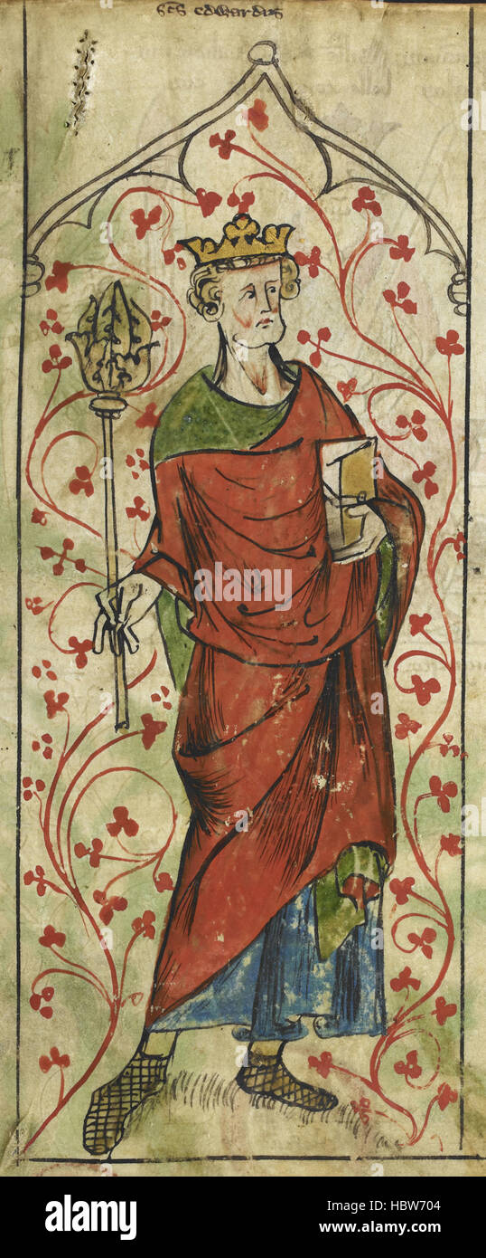 Diese Seite zeigt eine mittelalterliche Illustration von Eduard dem Bekenner, König von England, mit einem Zepter und einem Buch, das Monarchie, Regierungsführung, Religion und historische Bedeutung in England symbolisiert und königliche Bilder und mittelalterliche Kunst dokumentiert. Stockfoto