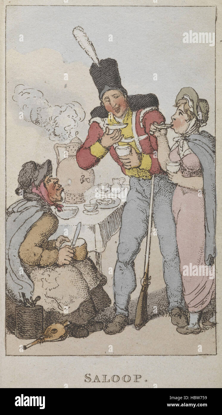 Diese Seite präsentiert Rowlandsons Skizzen, die die unteren Schichten des London des 18. Jahrhunderts darstellen, einschließlich des sozialen Lebens, der Kaffeehäuser, der Straßen, der Händler, Kleidung, Berufe, tägliche Routinen, Getränkekonsum, Soldaten, und Illustrationen. Stockfoto