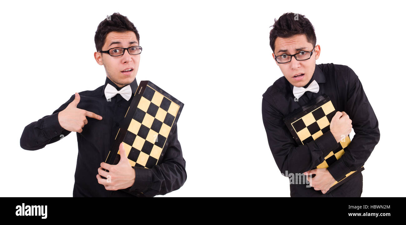 Lustige Schachspieler isoliert auf weiss Stockfoto