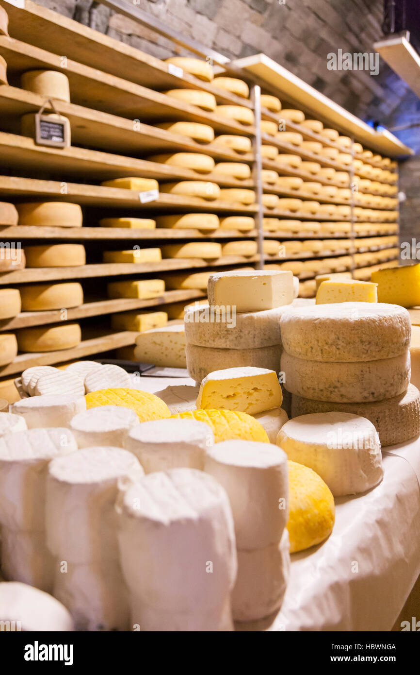Gewürz-Lager von Käse Fontina Valpelline, Aostatal, Italien Stockfoto