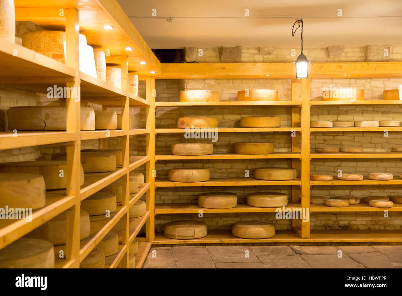 Elsässer Käse-Shop / Keller im Zentrum von Colmar, Elsass, Frankreich Stockfoto
