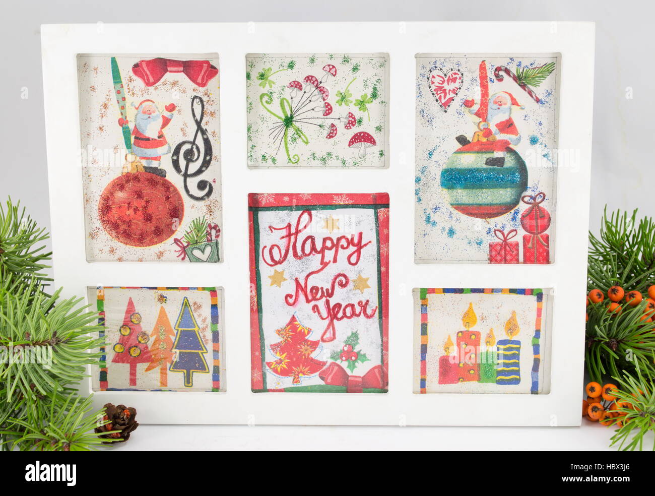 Decoupage Neujahr Dekorationen aus Papier in einem frame Stockfoto