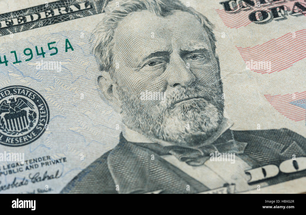 Ulysses S. Grant konfrontiert uns 50 oder 50 Dollar bill Makro, USA Geld closeup Stockfoto