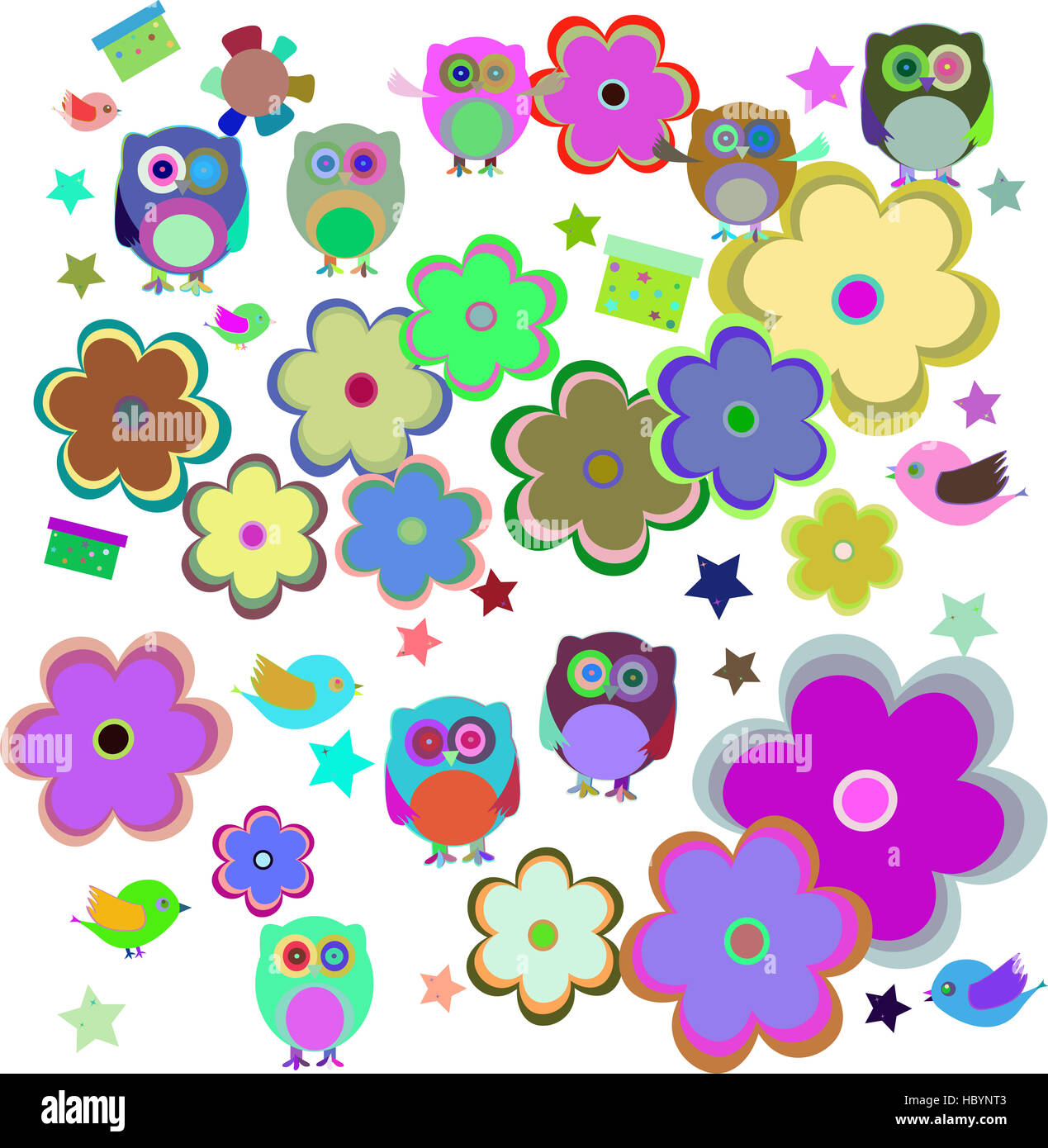 Retro-Blumen und Eule Kinder Hintergrundmuster Stockfoto