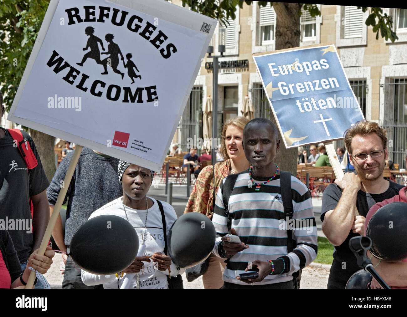 Demo-Aufnahme Flüchtlinge, Stuttgart, Baden-Württemberg, Deutschland Stockfoto