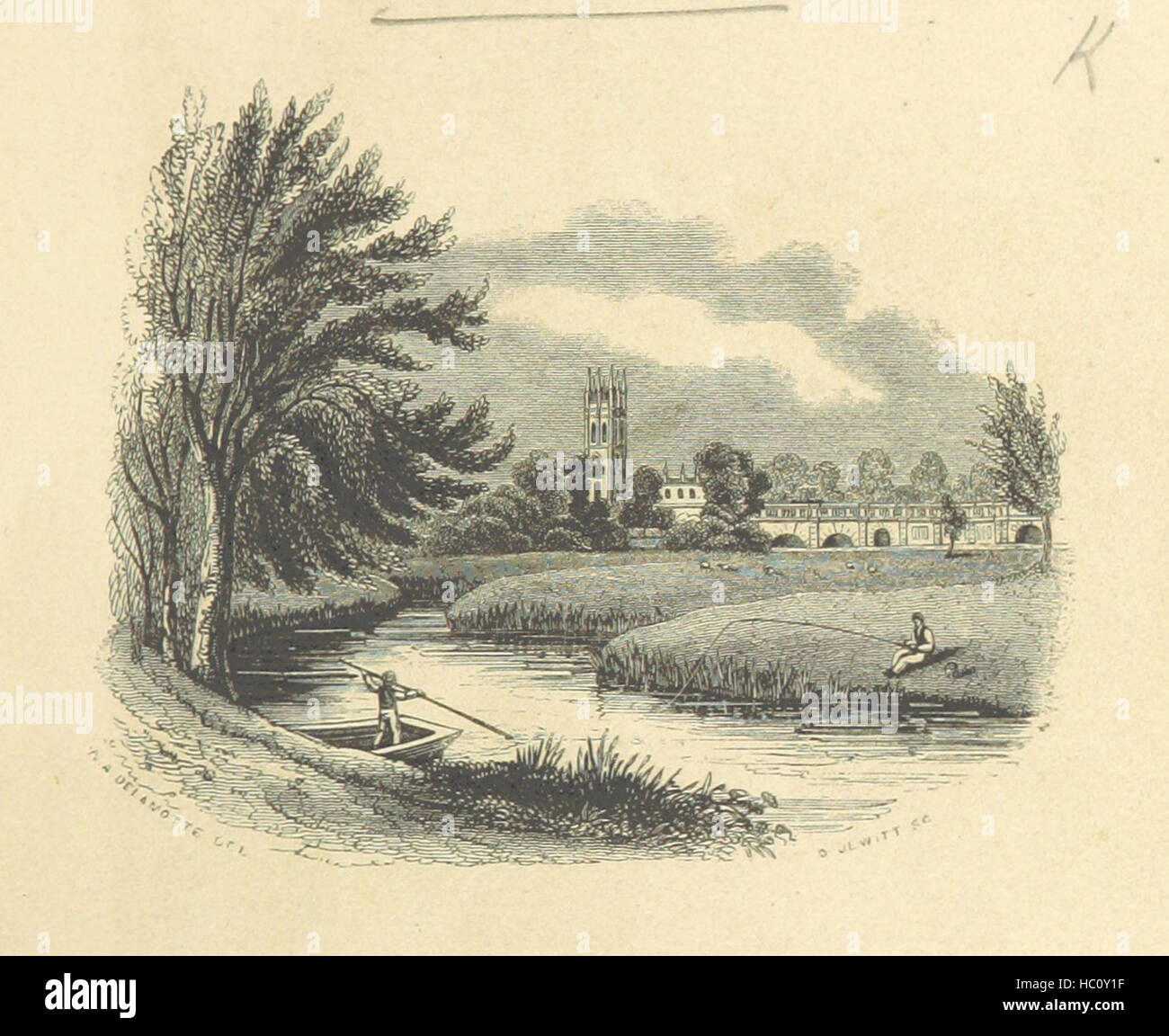 Dieses Bild zeigt bemerkenswerte Sehenswürdigkeiten in Oxford, einschließlich Universitätsgebäude und umliegende Gebiete, präsentiert durch detaillierte Holzschnitt-Illustrationen. Es dient als Leitfaden für Besucher, um die historische Architektur, Colleges und Straßen von Oxford während der Zeit zu erkunden und zu verstehen, die vom Buch abgedeckt wurde. Stockfoto