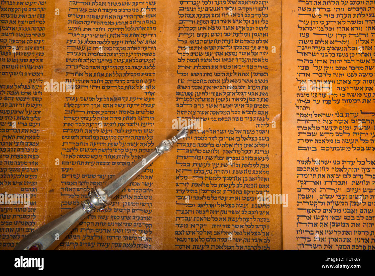 Lesen aus einer alten Thorarolle, Nahaufnahme Stockfoto