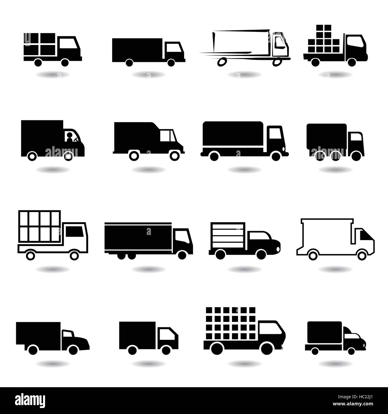 Vektor-Set von verschiedenen LKW-Symbolen. Alle Vektor-Objekte sind isoliert. Stock Vektor