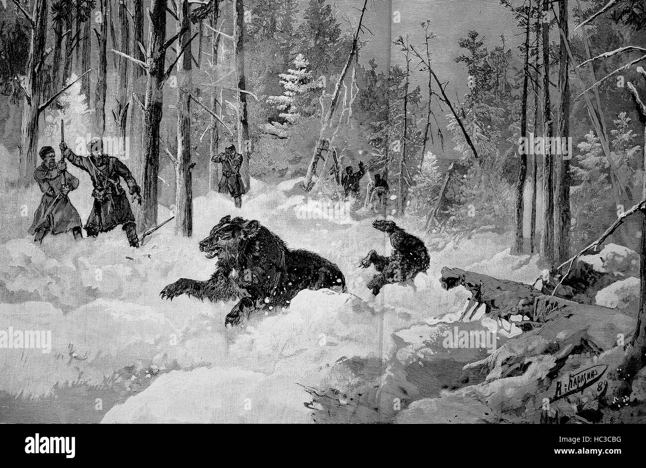 Jäger auf die Jagd auf Bären in Russland, historische Abbildung, Holzschnitt, 1890 Stockfoto
