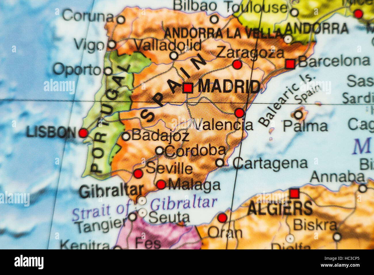 Foto von einer Karte von Spanien und der Hauptstadt Madrid. Stockfoto