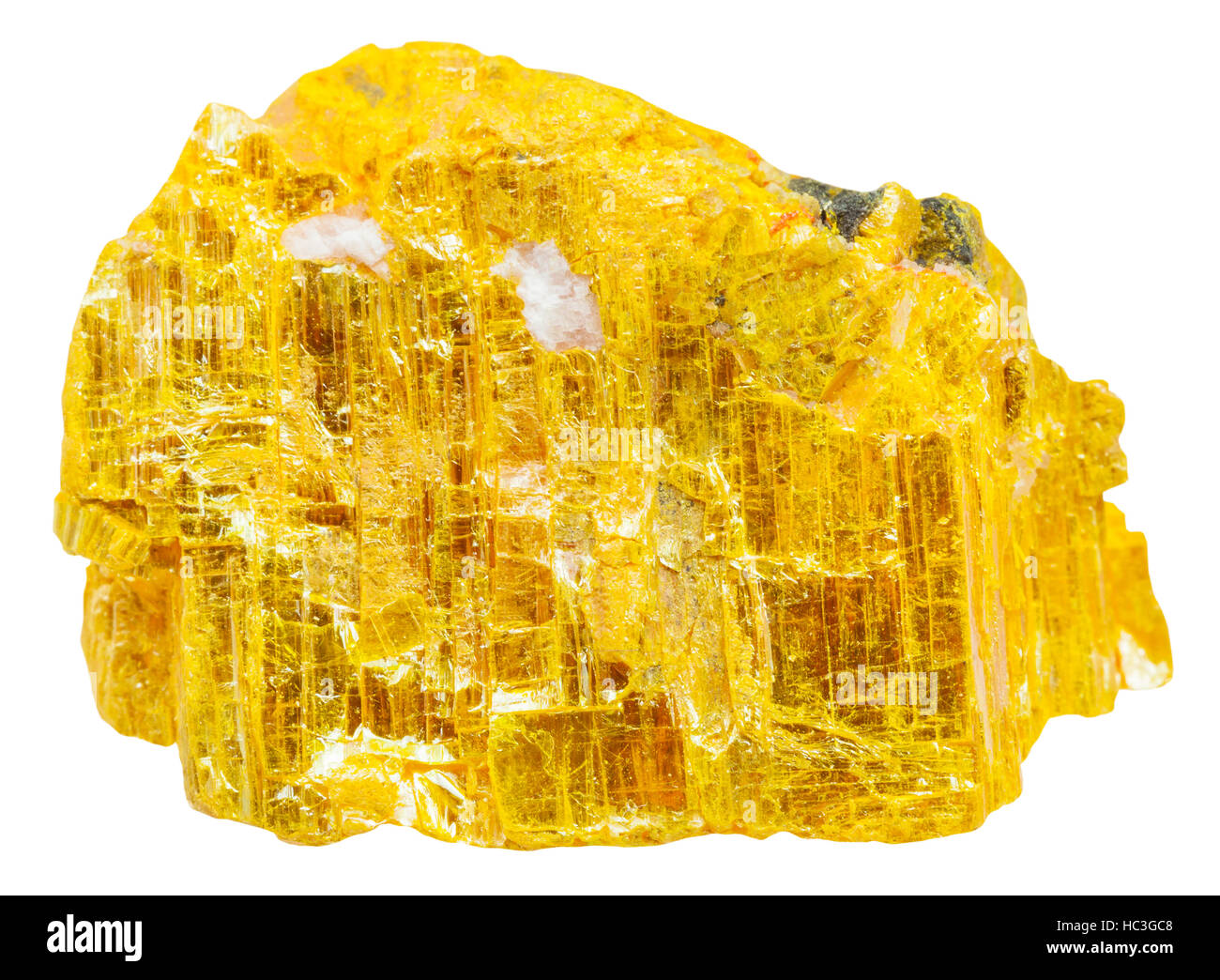 Makro-Aufnahmen der Probe der natürlichen Mineral - gelbe Rhusma (Ratebane, gelbe Arsen, gelbe Ratebane) Rock isoliert auf weißem Hintergrund Stockfoto