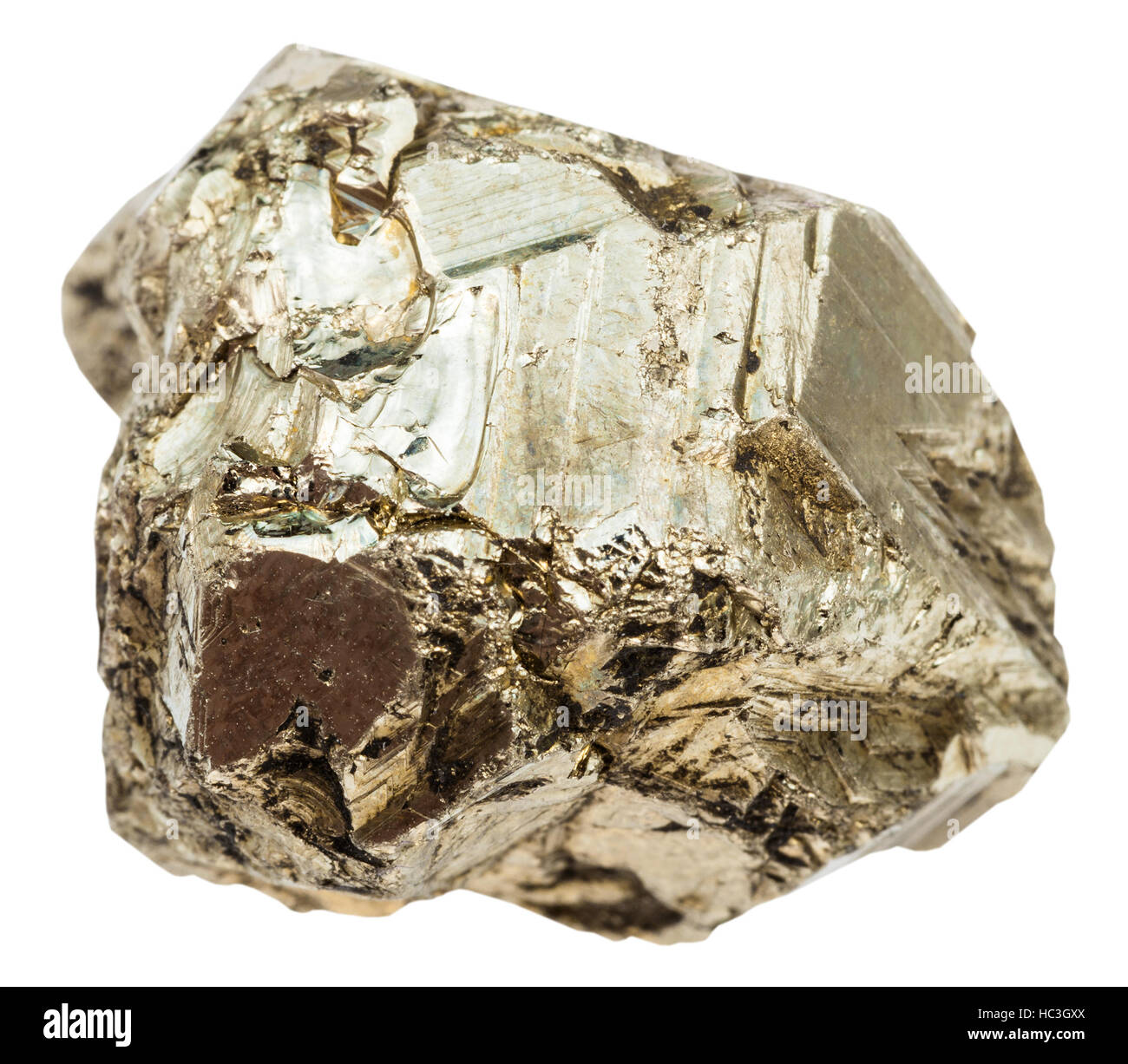 Makro-Aufnahmen der Probe der natürlichen Mineral - Kiesel aus Pyrit (Eisen-Pyrit, Katzengold) Stein isoliert auf weißem Hintergrund Stockfoto