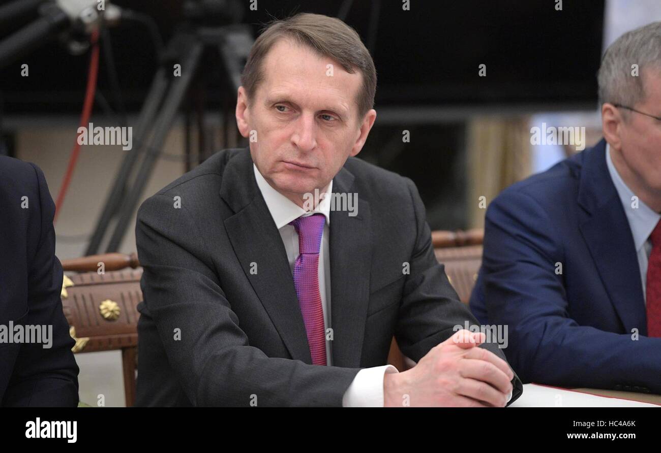 Moskau, Russland. 7. Dezember 2016. Russischen Regisseurs von der Foreign Intelligence Service Sergei Naryshkin während einer Sitzung der ständigen Mitglieder des Sicherheitsrats im Kreml 7. Dezember 2016 in Moskau, Russland. Bildnachweis: Planetpix/Alamy Live-Nachrichten Stockfoto