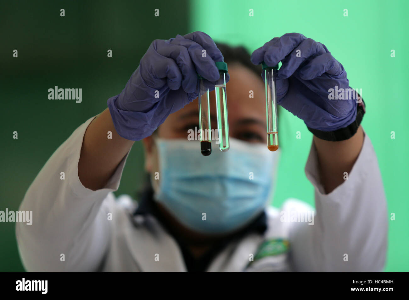 Valenzuela City. 8. Dezember 2016. Ein Chemiker aus Philippine Drug Enforcement Agency (PDEA) zeigt beschlagnahmte Chemikalien während der Zerstörung von Stoffen und Labor-Ausrüstungen für die Herstellung Shabu in Valenzuela City, Philippinen, Dec.8, 2016. Die PDEA zerstört, Chemikalien und Labor-Anlagen zur Herstellung illegaler Drogen in Höhe von PHP 3.198.275 (USD 64428.74) verwendet. Bildnachweis: Rouelle Umali/Xinhua/Alamy Live-Nachrichten Stockfoto