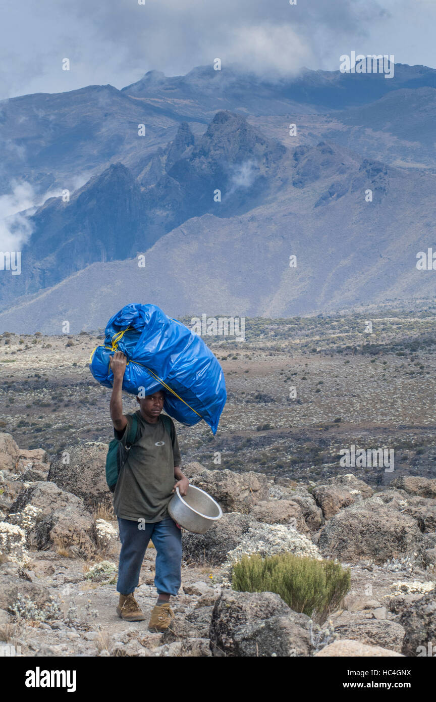 Einzelne Träger mit einer großen Tasche auf dem Kopf, Machame Route, Kilimanjaro, Tansania Stockfoto