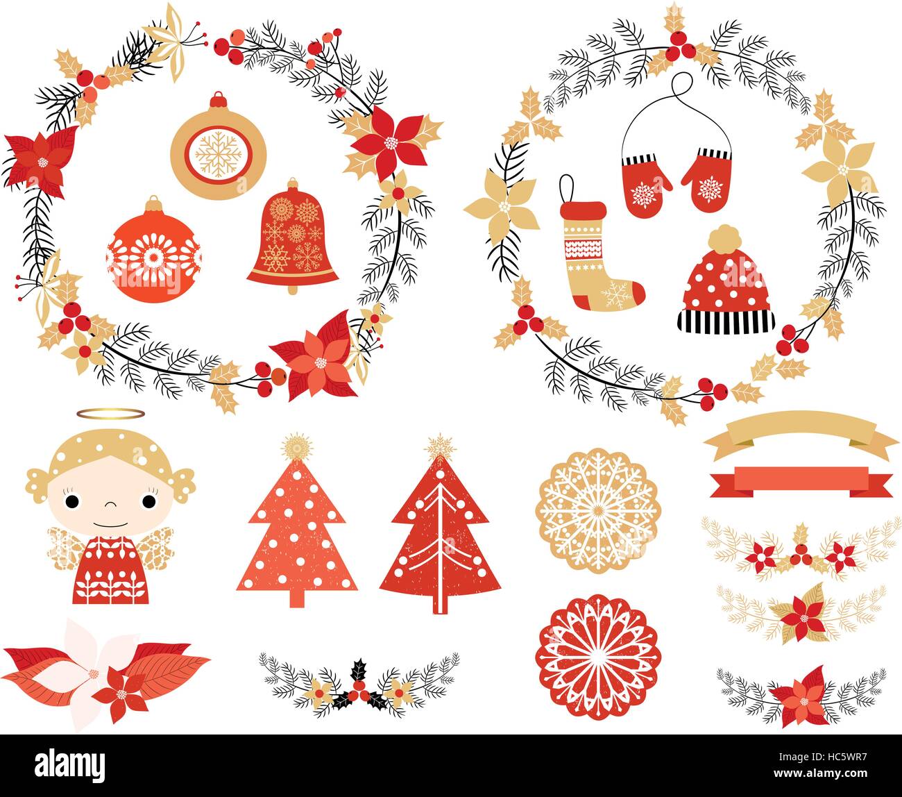 Weihnachten set mit Design-Elementen in schwarz, rot und gold Farben - floral Lorbeeren, Handschuhe, Hut, Blumenkränze, Strumpf Stock Vektor