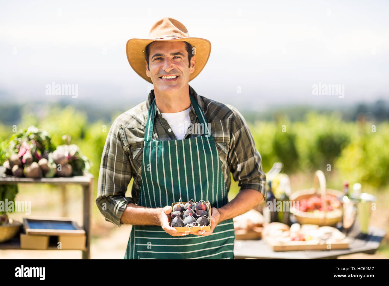Porträt eines lächelnden Bauern halten Schachtel mit Abb. Stockfoto