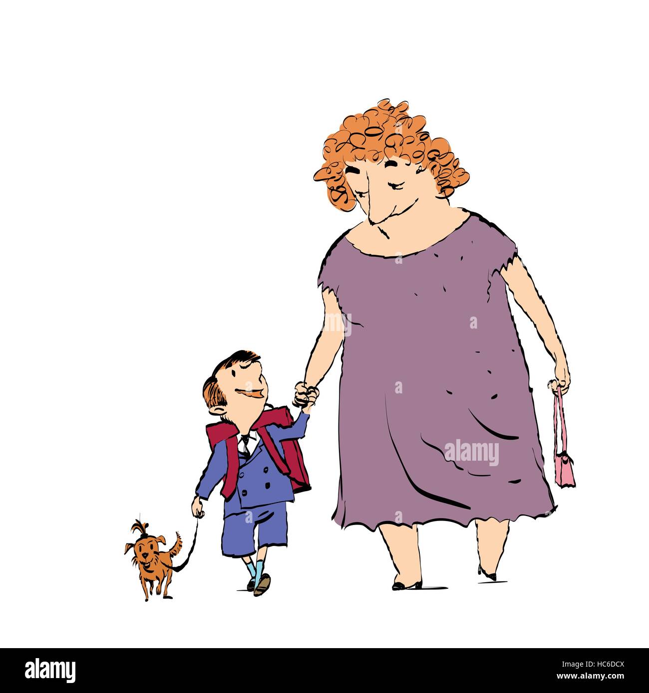 Oma, Enkel und Hund auf einem Spaziergang Stock Vektor