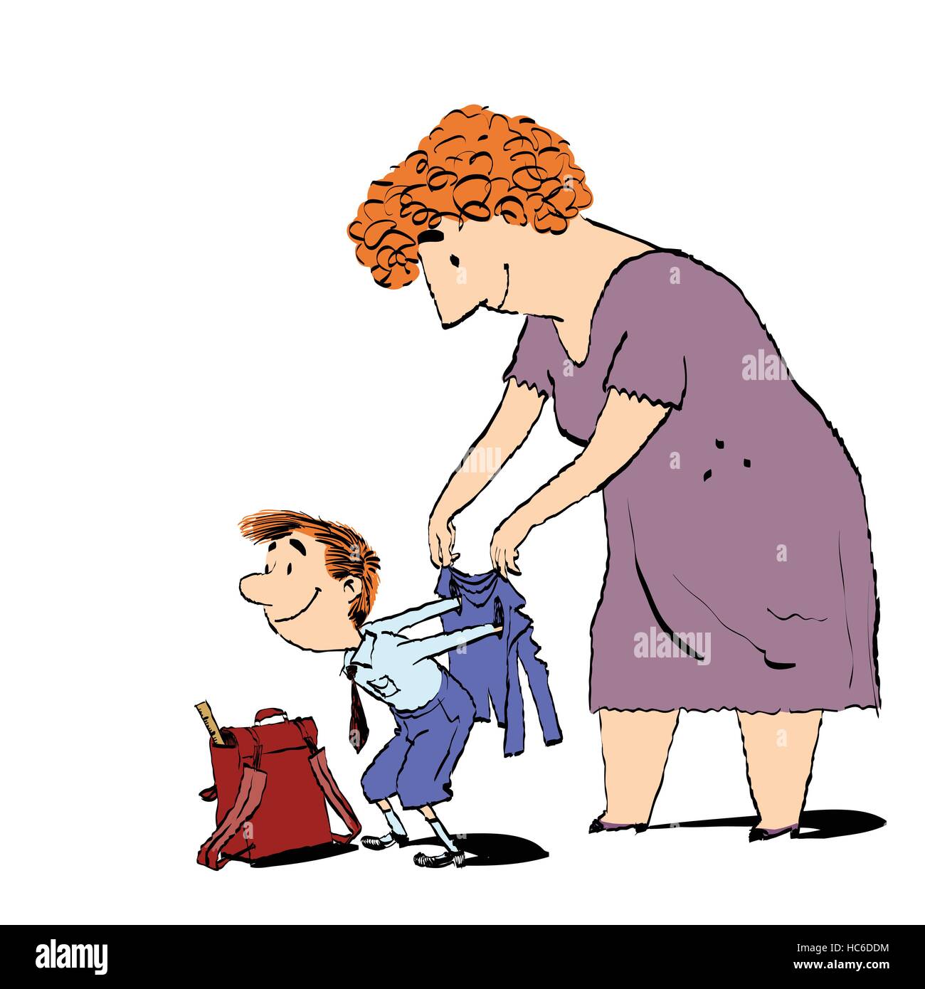 Oma oder das Kindermädchen begleitet ihren Enkel zur Schule Stock Vektor
