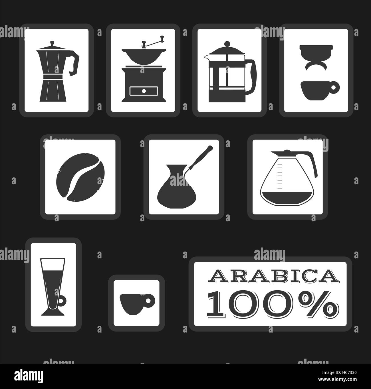 Satz von Kaffee Zeichen und Symbole für die Verpackung. Vektor. Isolierte Darstellung. Filter, französische Presse, Moka, Kaffeemühle, Kaffeebohne, Latte, Arabica es Stock Vektor