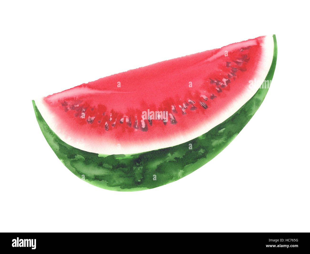 Aquarell handgezeichnete Abbildung der geschnittenen Wassermelone isoliert auf weiss Stockfoto