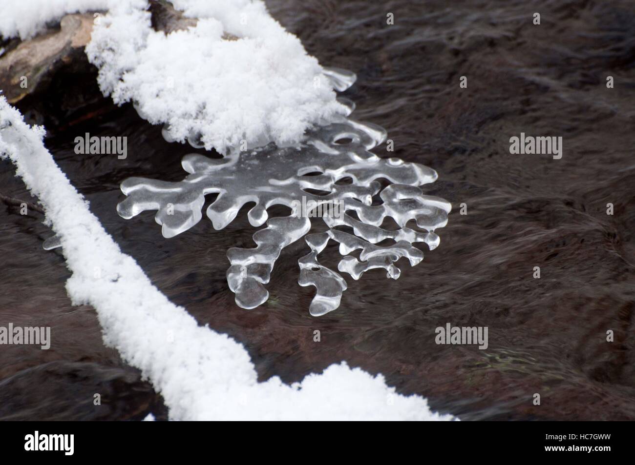 Schöne Anzeige der Natur bei der Arbeit mit Eis über abgehängten, Wasser unter der Dunning Spring Park Creek in Decorah, IA, USA hetzen. Stockfoto
