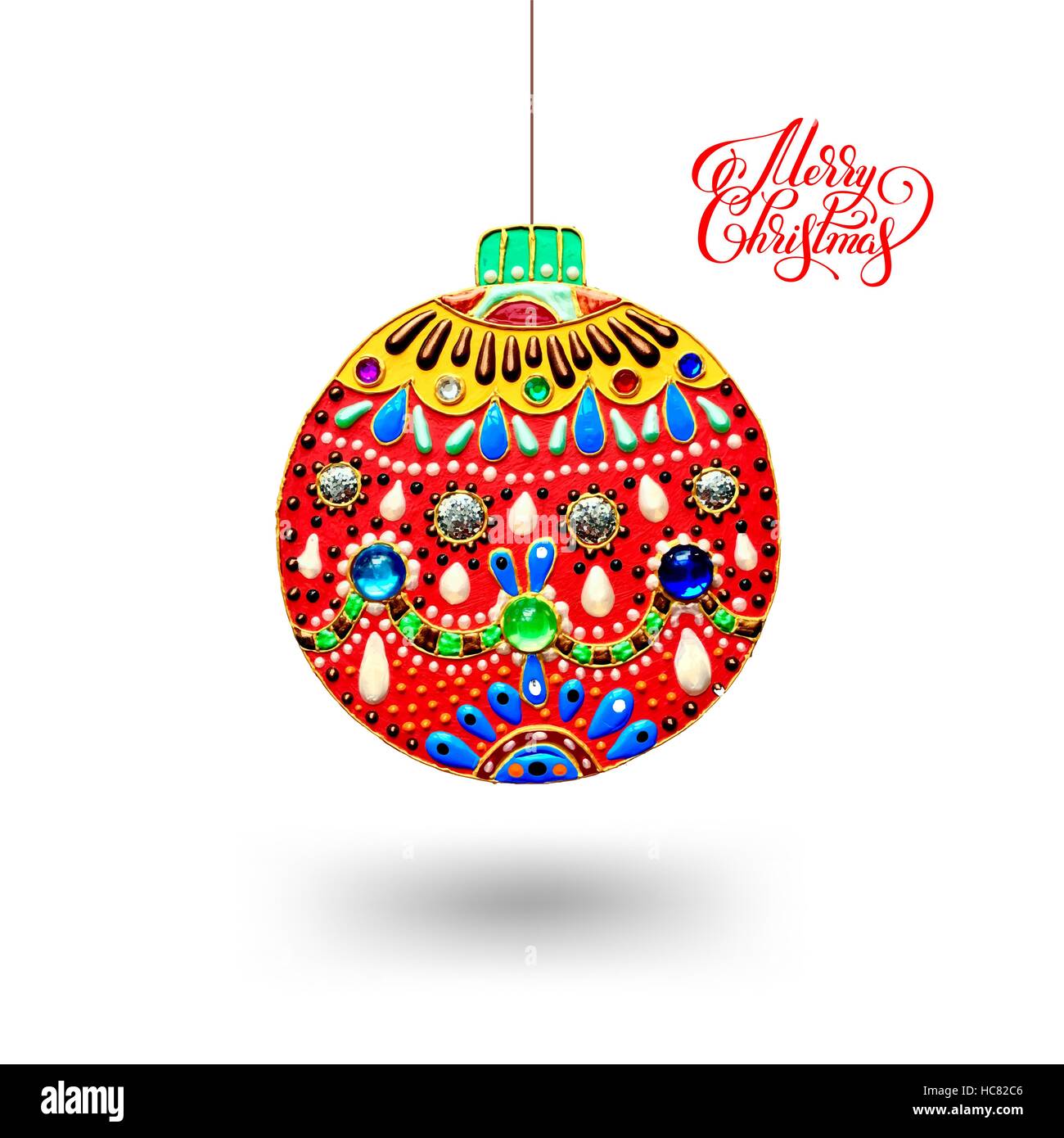 Original handgefertigte rote Kugel Dekoration und Schriftzug Frohe Christus Stock Vektor