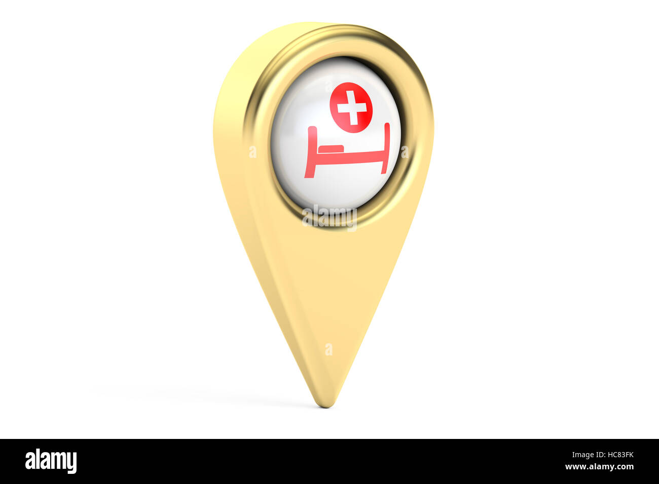 Krankenhaus-Standorte-Konzept, Kartenzeiger. 3D-Rendering isoliert auf weißem Hintergrund Stockfoto
