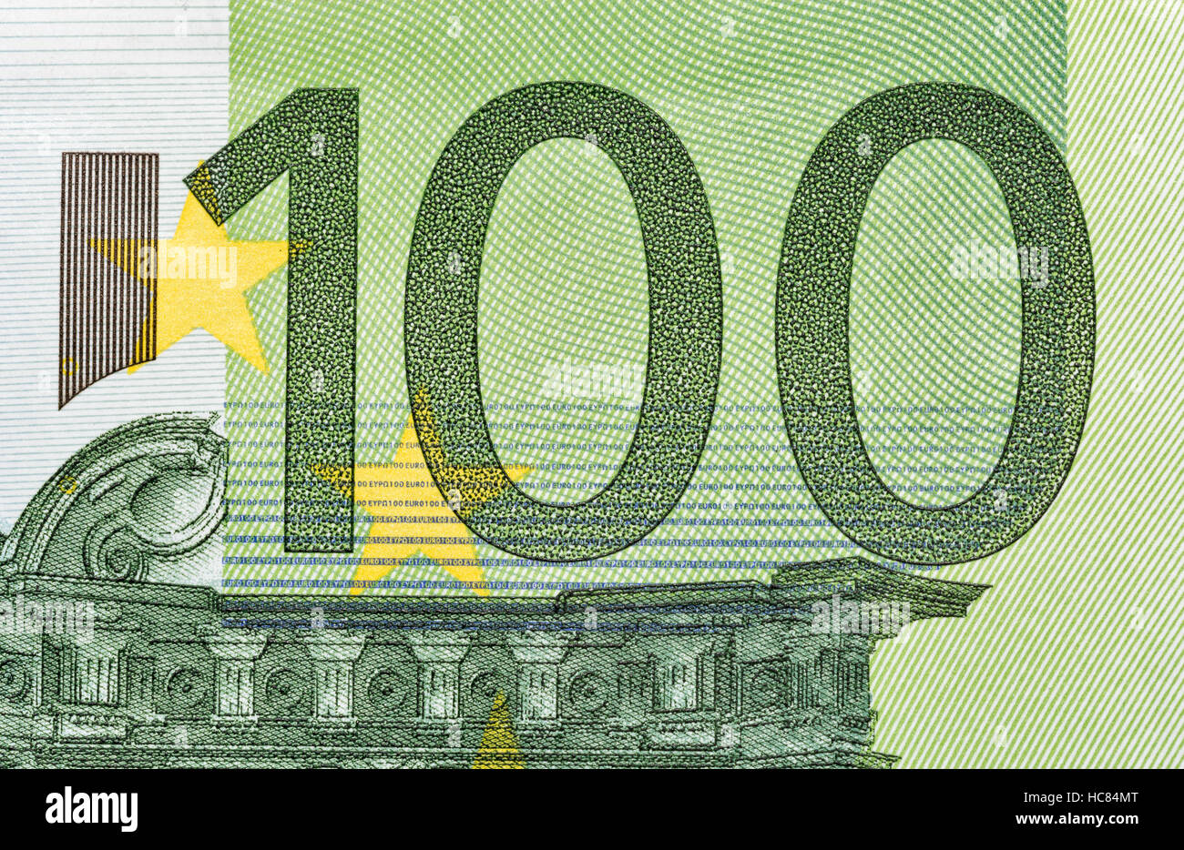 100 Euro Banknote Fragment Closeup, Vorderseite Stockfoto