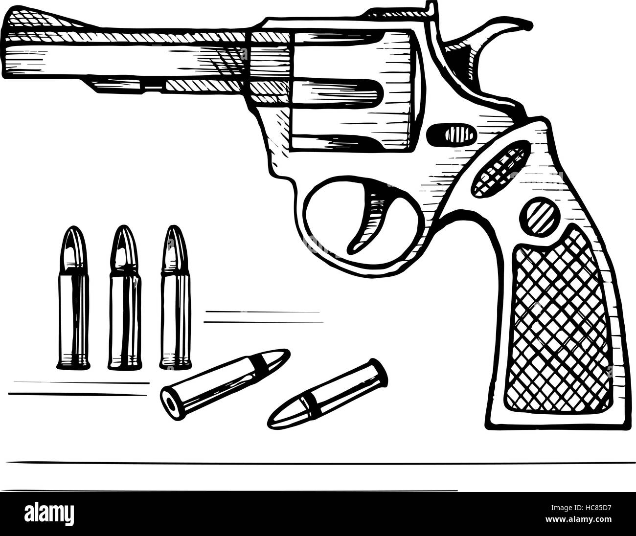 Skizze Vektor Revolver Pistole mit Kugeln Stock Vektor
