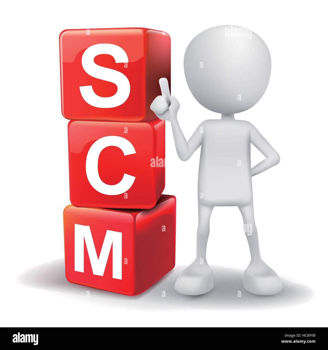 Vektor 3d Mensch mit Wort SCM Supply Chain Management Würfel auf weißem Hintergrund Stock Vektor