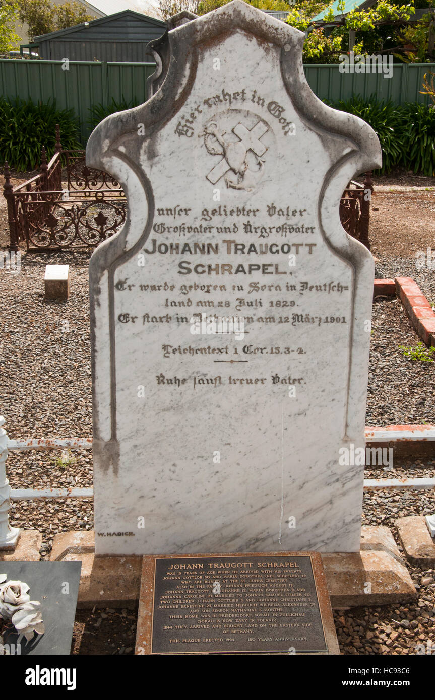 Grabstein auf dem evangelischen Friedhof in Bethany deutsche Siedlung, Barossa Valley, South Australia-Pionier Stockfoto