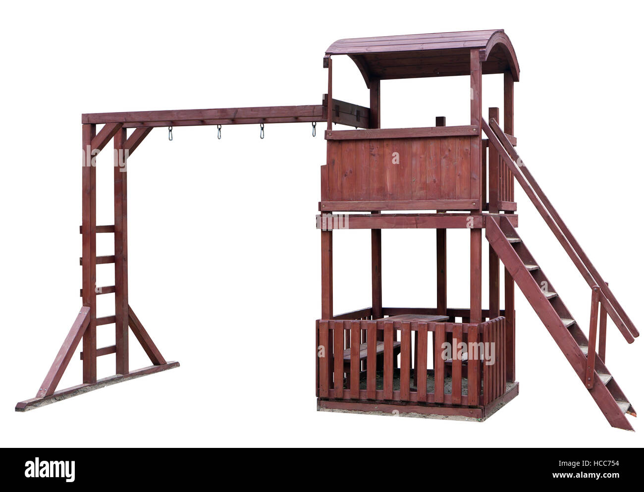 Einfache Übung Maschinen - eine Leiter und einem Hügel - auf dem Kinderspielplatz werden aus Holzbrettern hergestellt. Isoliert mit patch Stockfoto