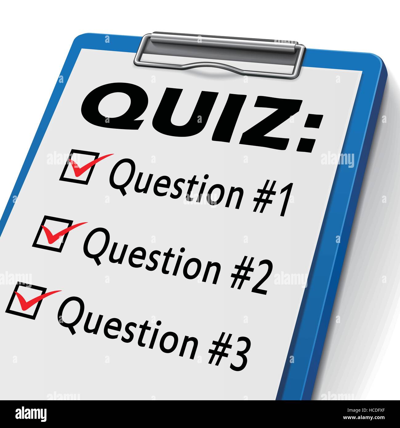 Quiz-Zwischenablage mit Kontrollkästchen zur Frage eins, zwei und drei markiert Stock Vektor