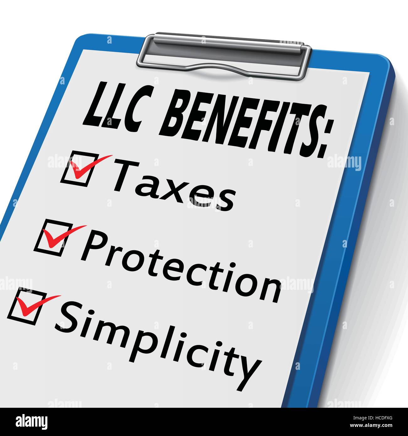 LLC Vorteile Zwischenablage mit Kontrollkästchen markiert für Steuern, Schutz und Einfachheit Stock Vektor