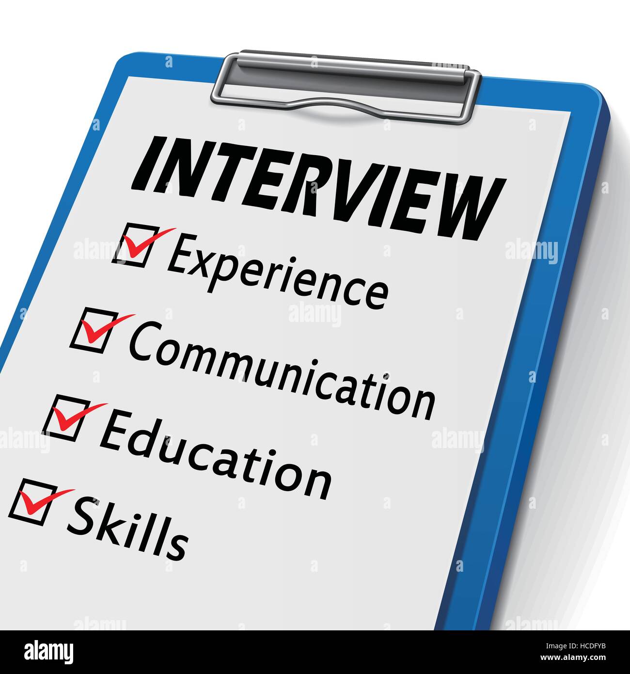Interview-Zwischenablage mit Kontrollkästchen markiert für Erfahrung, Kommunikation, Bildung und Kompetenzen Stock Vektor