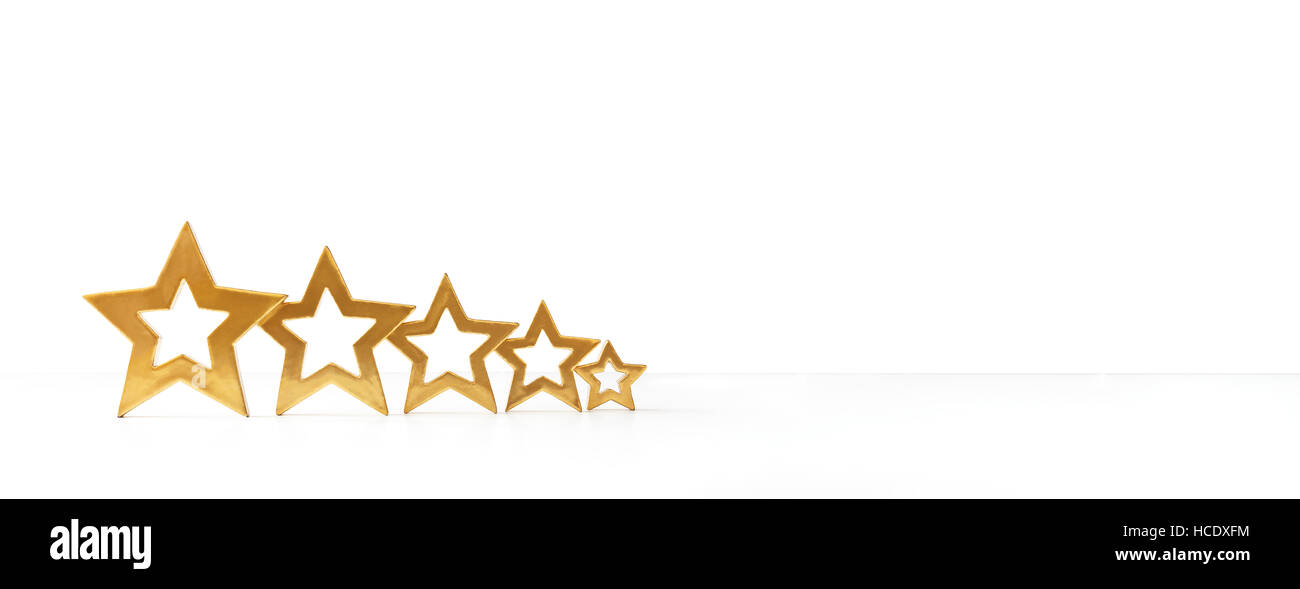 Fünf golden schimmernde Sternen auf weißem Hintergrund, Kopie, Raum, Panoramaformat, banner Stockfoto